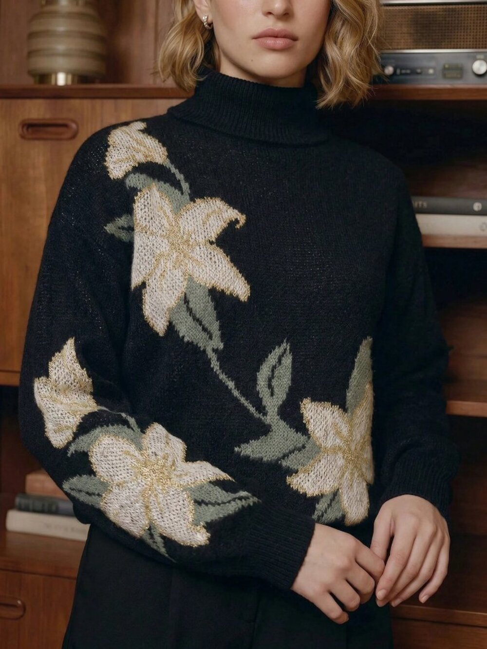 Black Casual Women's Floral Pattern Elegant Long Sleeve Sweater
